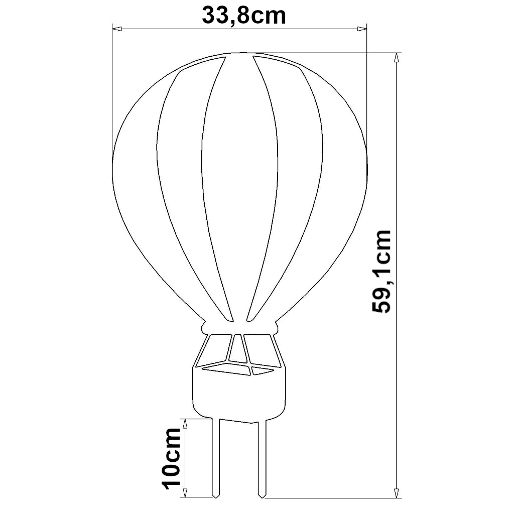 Technische Zeichnung eines Gartensteckers in Form eines Heißluftballons mit Maßangaben. Der Ballon hat eine Breite von 33,8 cm und eine Gesamthöhe von 59,1 cm, inklusive eines 10 cm langen Erdspießes.