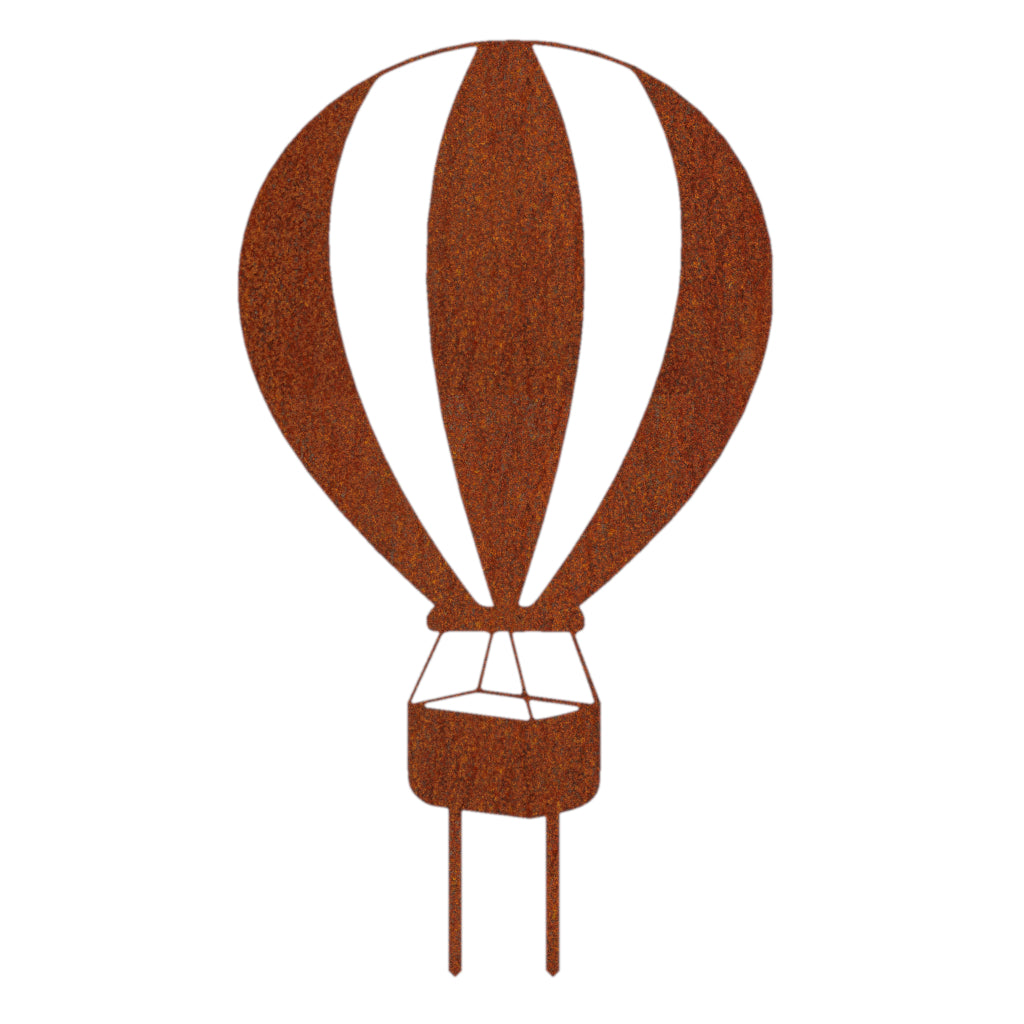 Gartenstecker Heissluftballon aus Cortenstahl mit rostiger Patina, stilvolle Gartendekoration in Form eines Heissluftballons mit eleganten Kurven und Korb, auf Erdspießen montiert für einfache Platzierung im Garten oder Blumenbeet
