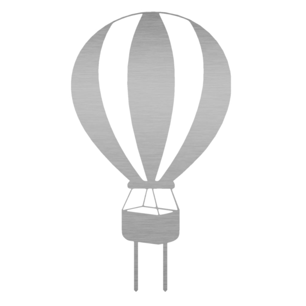 Gartenstecker Heissluftballon aus Metall, stilisierte Form mit gestreiftem Ballon und Korb, eleganter Gartendeko-Artikel für Rasenflächen oder Beete, Symbol für Freiheit und Abenteuer im Garten