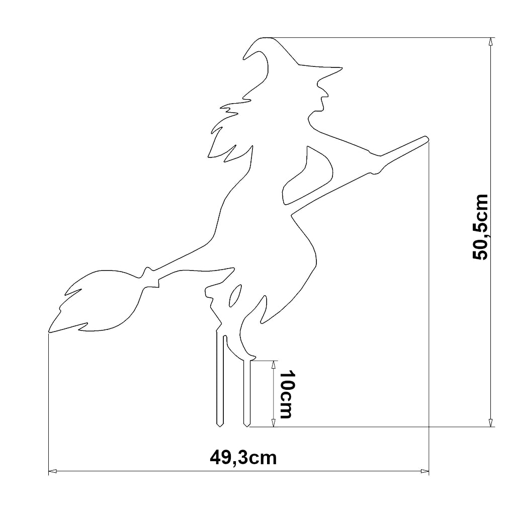 Gartenstecker Hexe Silhouette mit Maßen 50,5 x 49,3 cm, inklusive 10 cm Erdspieß. Detaillierte Umrisse einer fliegenden Hexe auf Besen für magische Gartendekoration aus Cortenstahl oder Edelstahl.