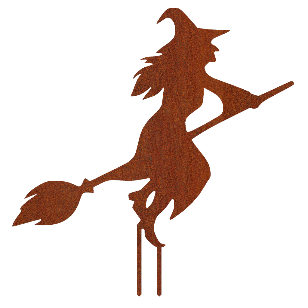 Gartenstecker Hexe aus Cortenstahl, rostbraune Silhouette einer fliegenden Hexe auf Besen, dekorative Gartenfigur für magische Atmosphäre, Halloween-Dekoration, 50,5 x 49,3 cm