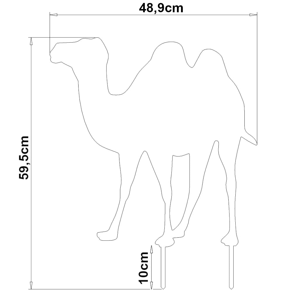 Abmessungen des Gartensteckers Kamel aus Cortenstahl oder Edelstahl mit einer Höhe von 59,5 cm und einer Breite von 48,9 cm.