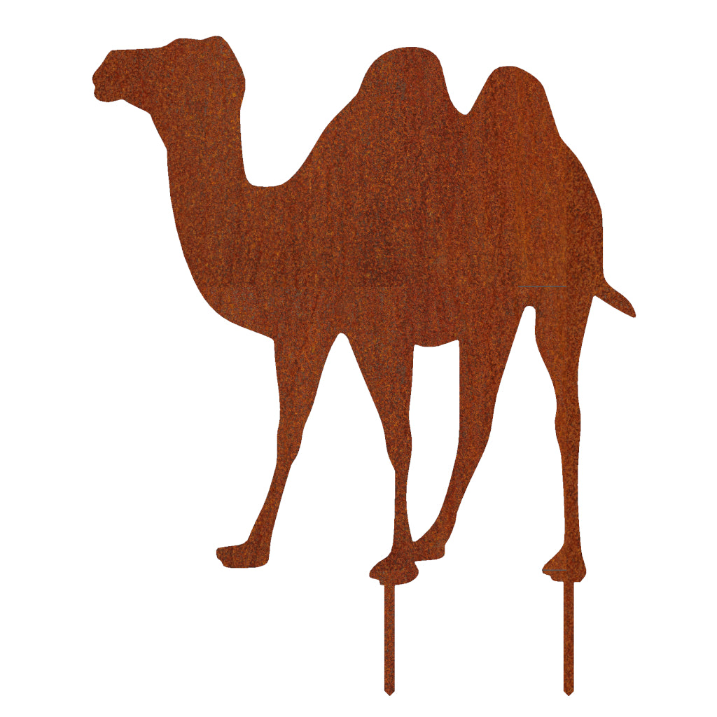 Gartenstecker Kamel aus Cortenstahl mit natürlicher Rostpatina, Maße 59,5 x 48,9 cm, stilvolle Gartendekoration von Verlea und Florio.