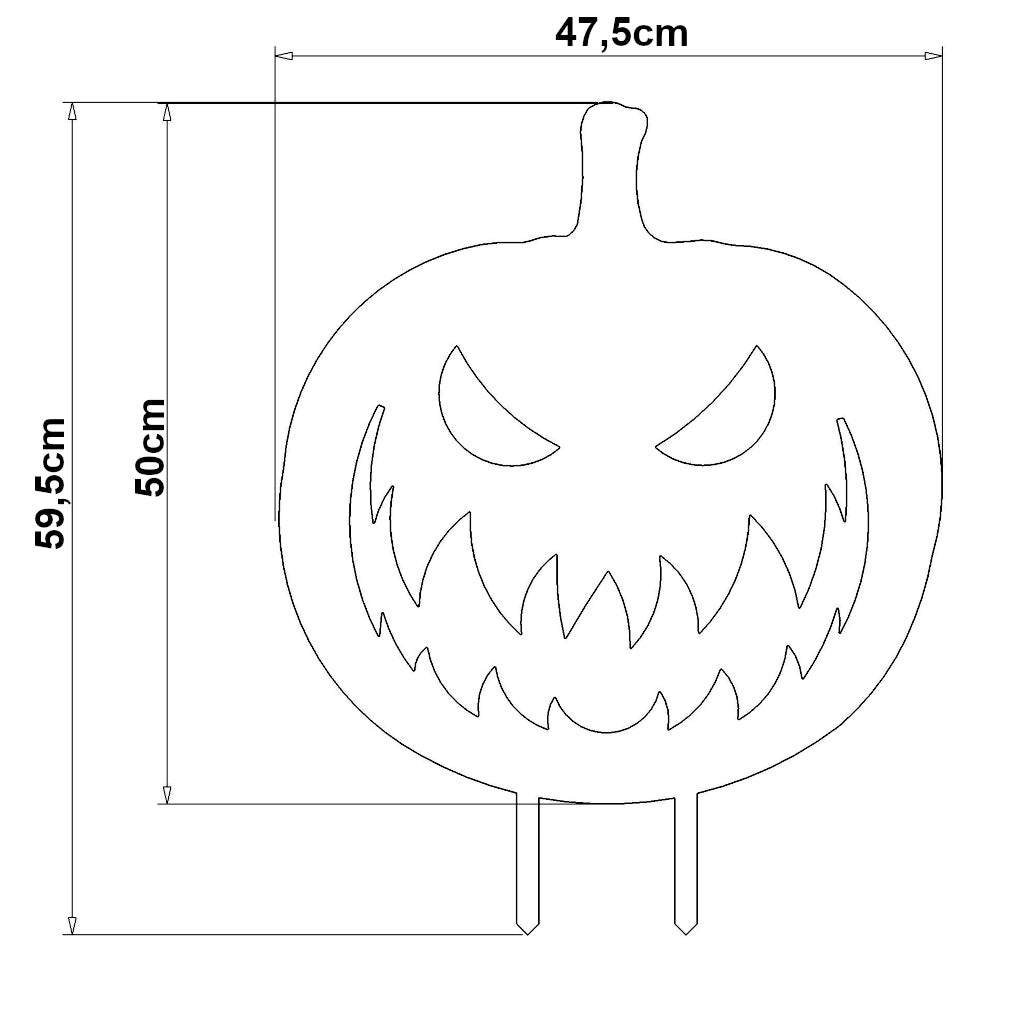 Technische Zeichnung eines Halloween-Kürbis-Gartensteckers mit gruseliger Fratze. Abmessungen: 47,5 cm breit, 59,5 cm hoch inklusive Erdspieße. Detaillierte Darstellung der charakteristischen Kürbisform und des bedrohlichen Gesichtsausdrucks.