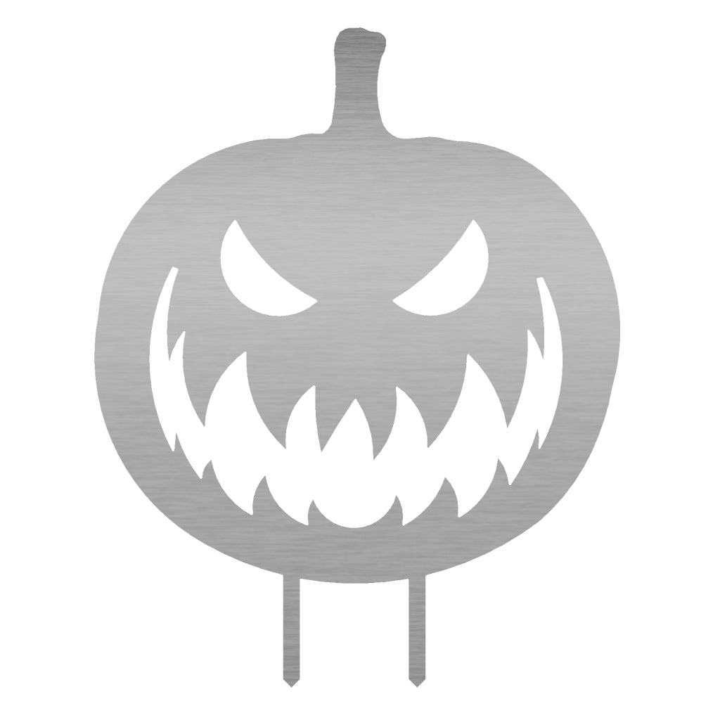 Gartenstecker Kürbis für Halloween aus Metall, gruselige Gesichtszüge mit scharfen Zähnen und bösen Augen, stilvolle Gartendekoration für die Herbstsaison