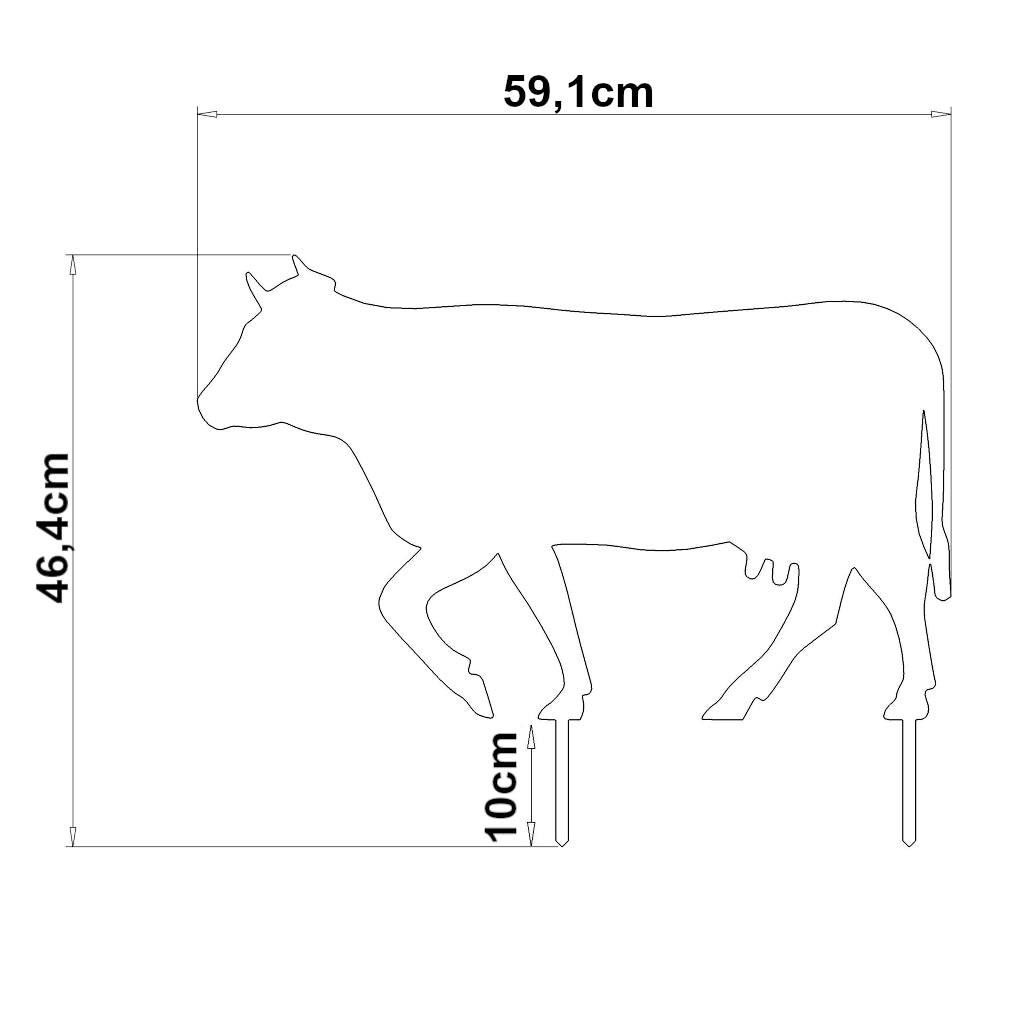 Abmessungen des Gartensteckers Kuh: 59,1 cm Höhe, 46,4 cm Breite, Materialstärke 2 mm, mit 10 cm Erdspießen, ländlicher Charme für den Garten.