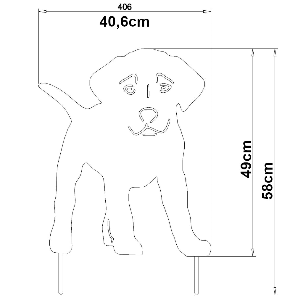 Technische Zeichnung eines Gartensteckers in Labrador-Welpen-Form mit Maßangaben: 40,6 cm breit, 58 cm hoch einschließlich Erdspieße, stilisierte Hundesilhouette mit einfachen Gesichtszügen