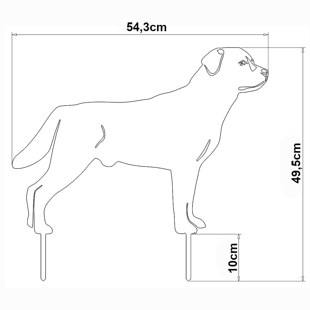 Gartenstecker Labrador Silhouette mit Maßangaben, 54,3 cm breit und 49,5 cm hoch, mit 10 cm Erdspießen. Elegante Umrisszeichnung eines stehenden Labradors für Gartendekoration aus Cortenstahl oder Edelstahl.