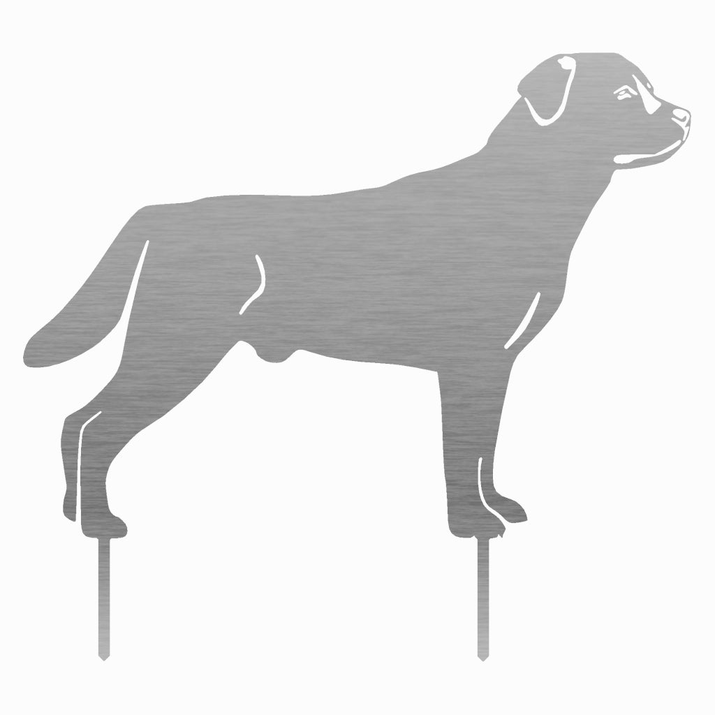 Gartenstecker Labrador aus Metall, stilisierte Hundesilhouette für Gartendekoration, verfügbar in Cortenstahl oder Edelstahl, robuste Konstruktion mit Erdspießen für einfache Platzierung im Garten