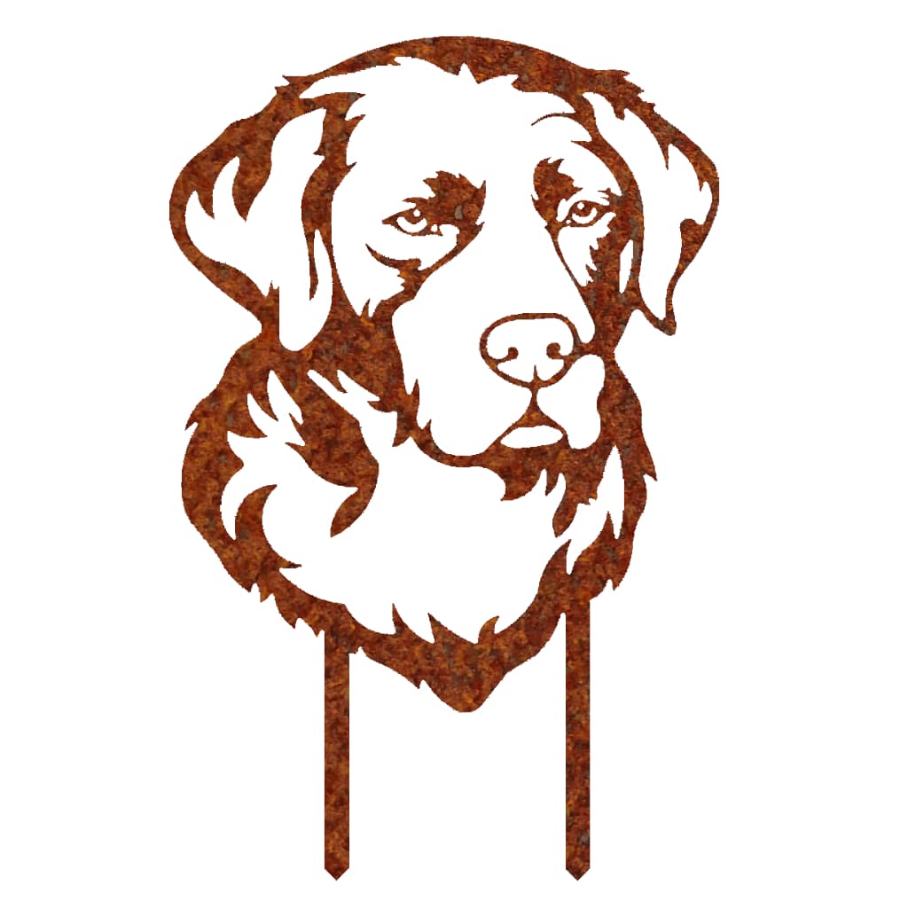 Gartenstecker Labrador Portrait aus Cortenstahl mit Edelrost-Patina, erhältlich bei Shopify. Maß: 59 x 38,5 cm, Materialstärke: 2 mm. Perfekt für die Gartendekoration.
