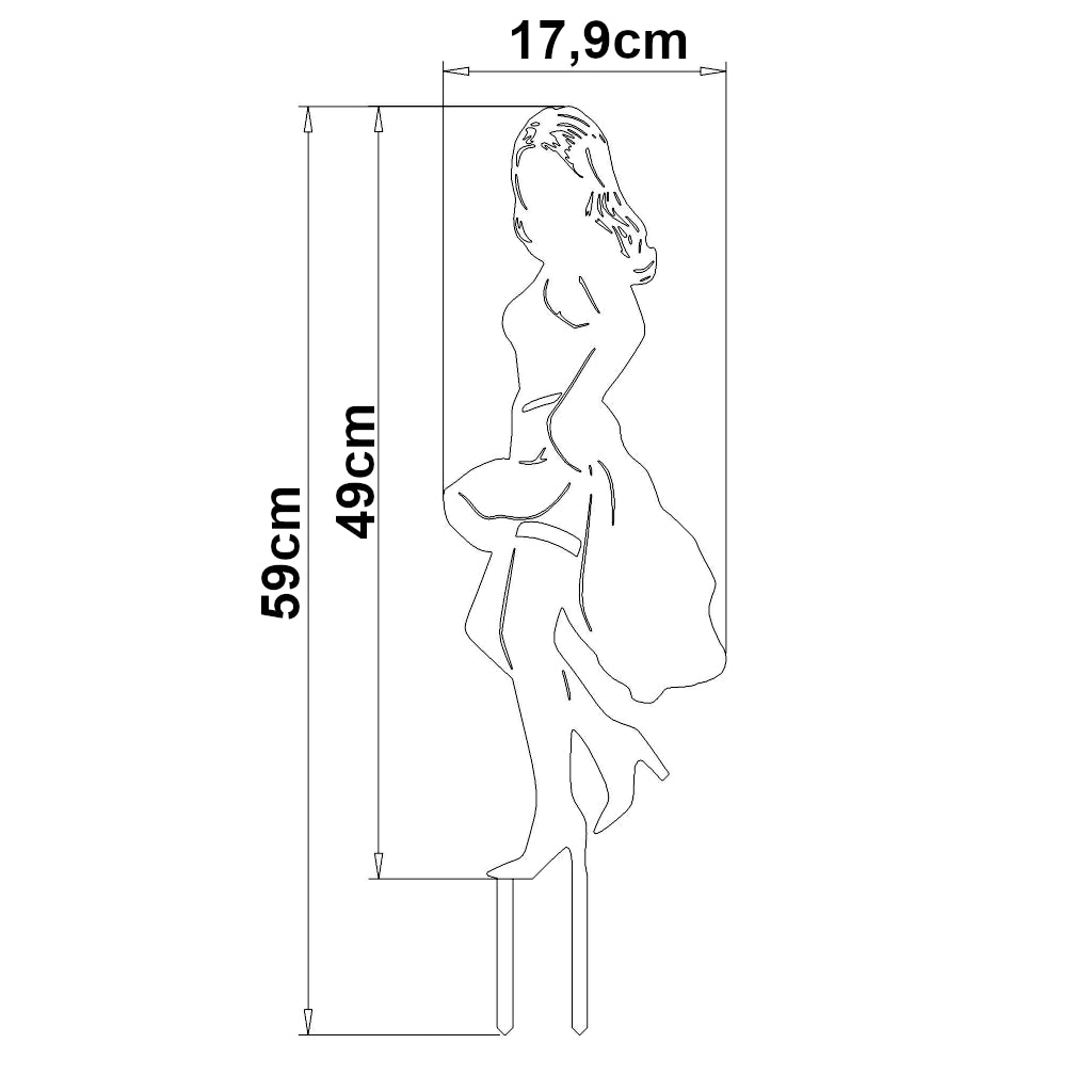 Gartenstecker Latina Silhouette mit Maßangaben: 59cm Höhe, 17,9cm Breite. Elegante Frauenfigur in verführerischer Pose, mit angehobenem Bein und wehendem Kleid. Für Cortenstahl oder Edelstahl Gartendekoration.