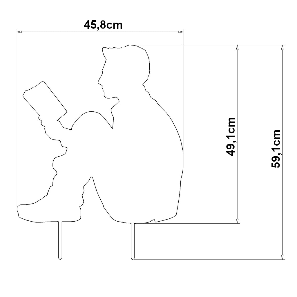 Gartenstecker Silhouette eines lesenden Mannes, 59,1 x 45,8 cm groß, aus Cortenstahl oder Edelstahl, 2 mm stark, mit Erdspießen für Gartendekoration und stilvolle Atmosphäre im Außenbereich