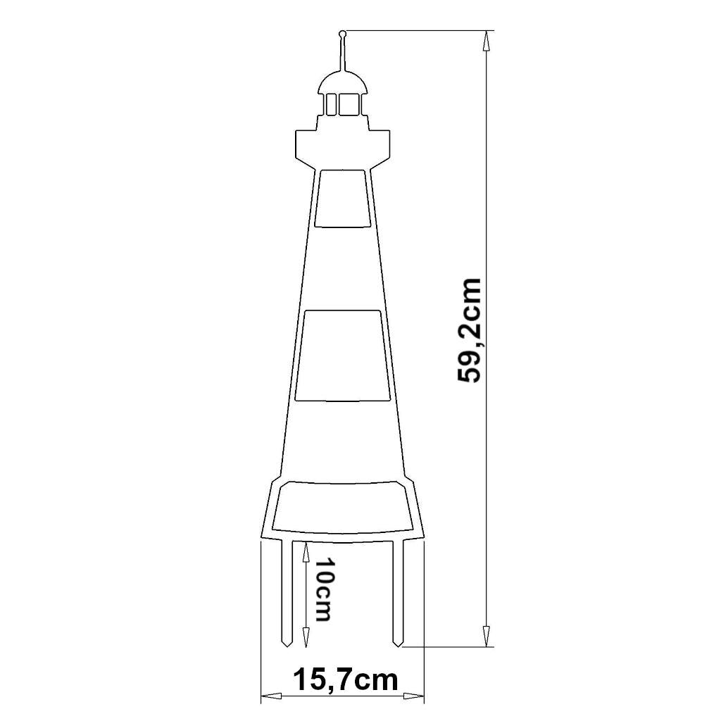 Maßzeichnung des Gartenstecker Leuchtturms von Garten und Meer, Höhe 59,2 cm, Breite 15,6 cm, mit Markierungen für Erdspieße.