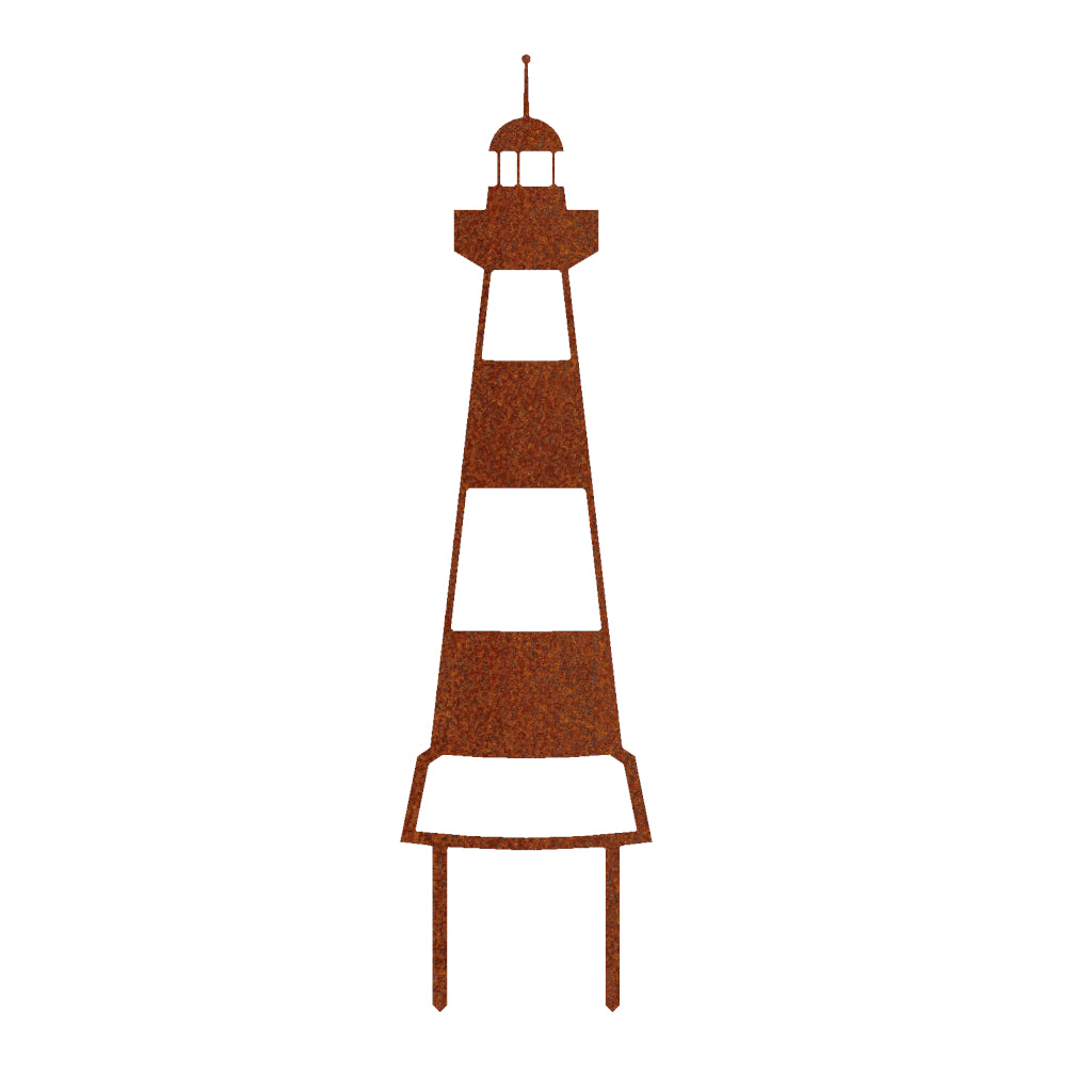 Gartenstecker Leuchtturm aus Cortenstahl (Edelrost), symbolisiert maritime Sicherheit und Orientierung.