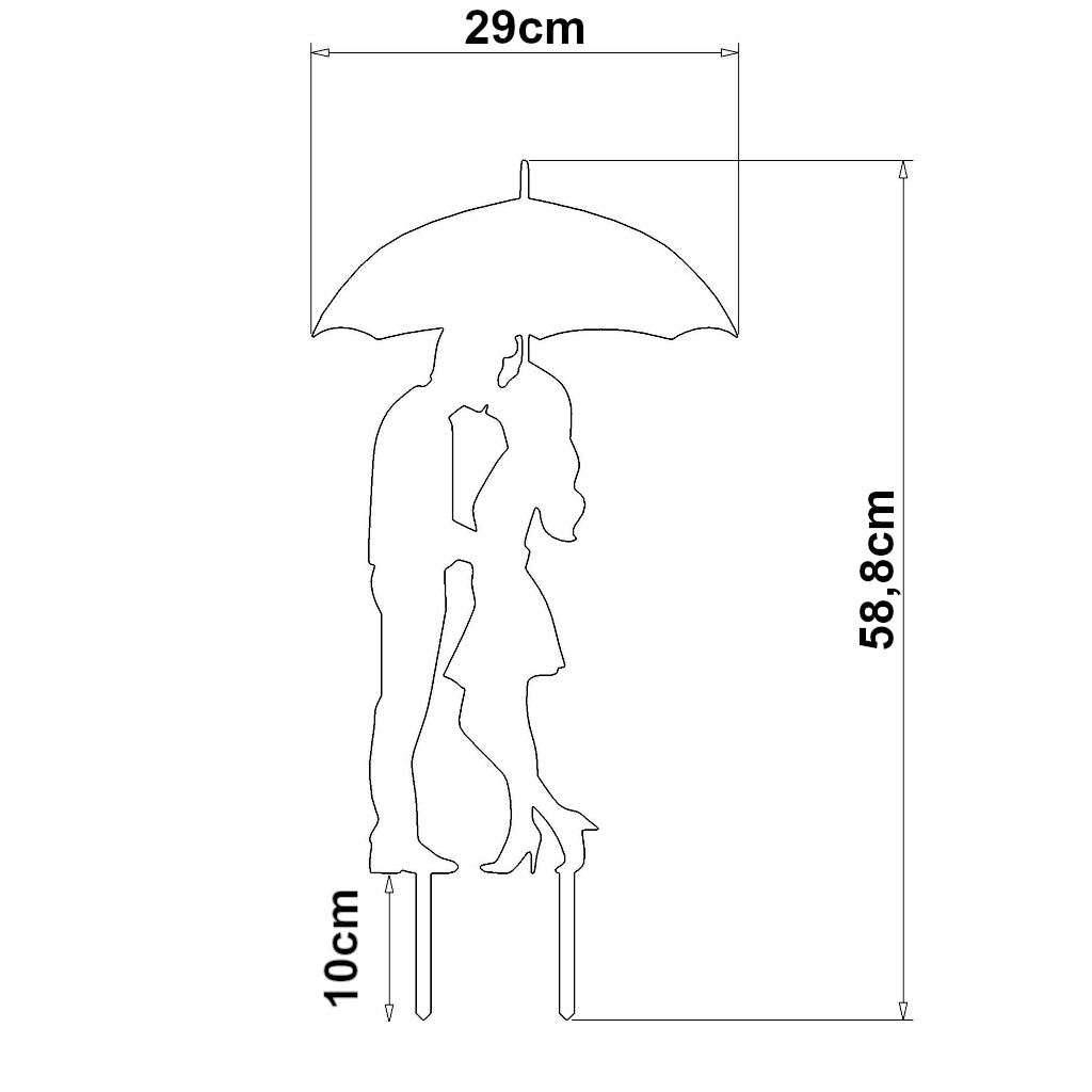 Maßzeichnung des Gartensteckers Liebespaar unter einem Regenschirm, Maße 58,5 x 29 cm, hergestellt aus Cortenstahl oder Edelstahl, zärtlich küssendes Paar.