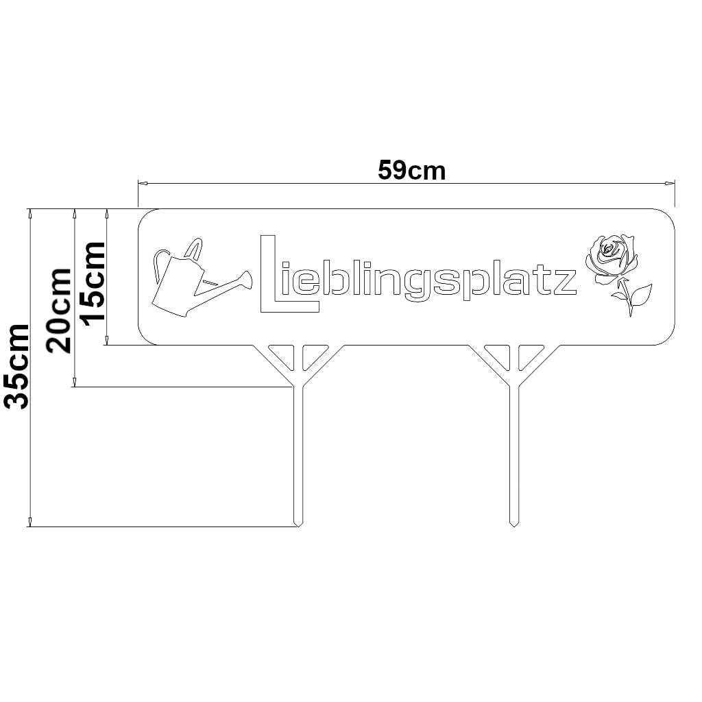 Technische Zeichnung des Gartensteckers Lieblingsplatz mit Maßangaben, zeigt Schriftzug, Gießkanne und Rose, 59 cm breit und 35 cm hoch, mit 15 cm Erdspießen