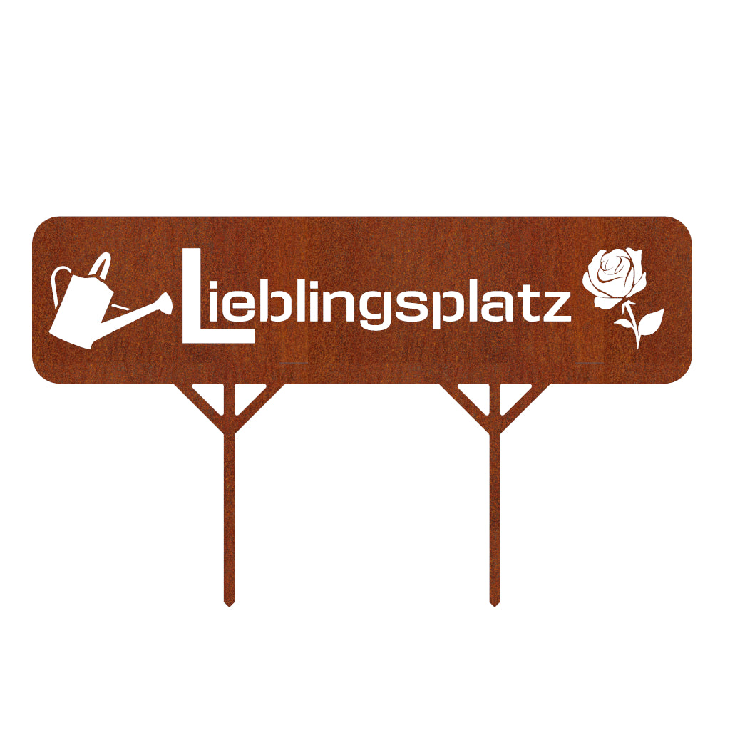 Gartenstecker aus Cortenstahl mit Aufschrift "Lieblingsplatz", Gießkanne und Rose als Symbole, rostiger Look für natürliche Gartendekoration