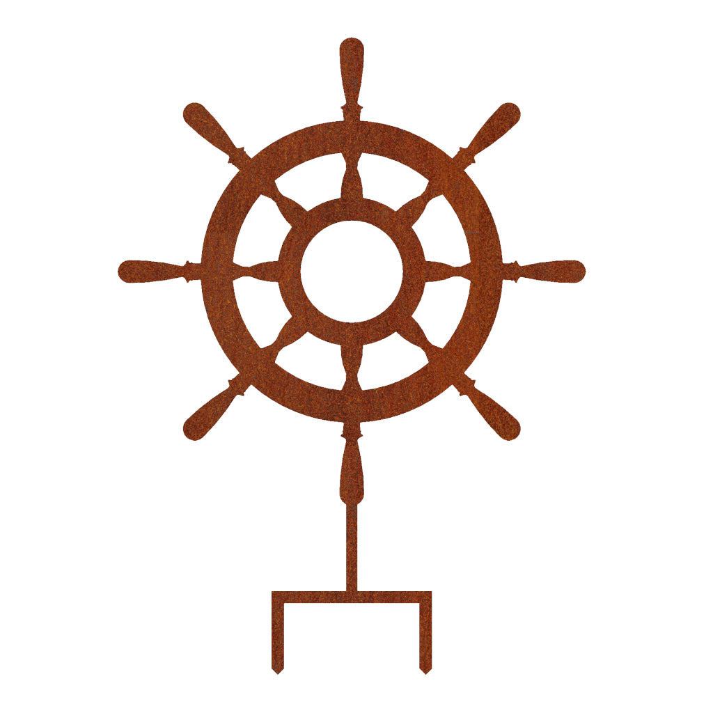 Gartenstecker Nautisches Steuerrad aus Cortenstahl, entwickelt eine Edelrost-Patina, wetterfest, 59,5 x 43,5 cm, maritime Dekoration für den Garten