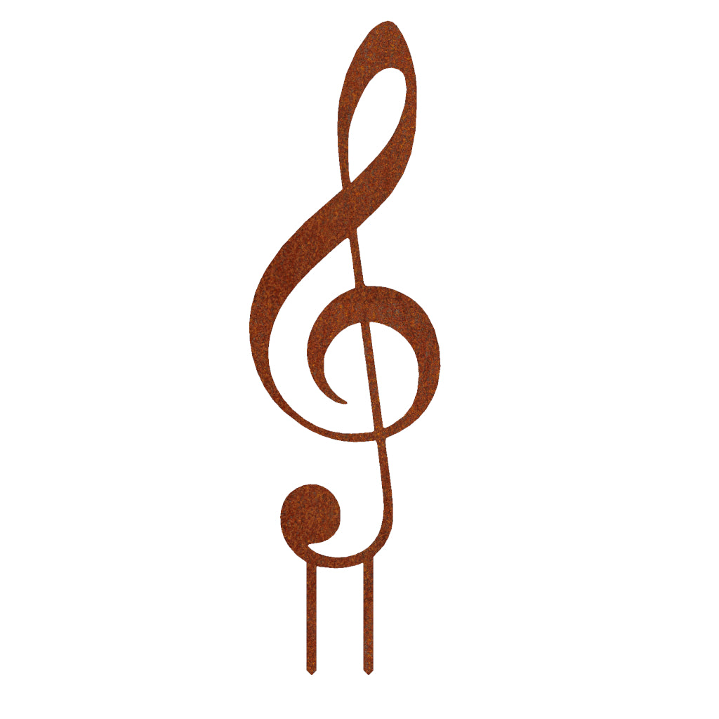 Gartenstecker Notenschlüssel aus Cortenstahl, filigraner und rostiger Notenschlüssel für den Garten.