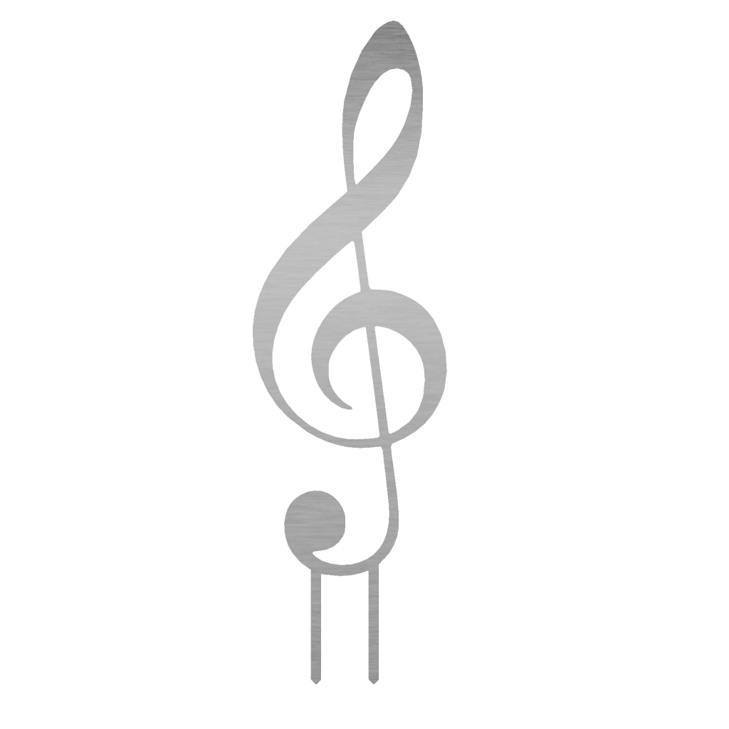Gartenstecker Notenschlüssel aus glänzendem Edelstahl, filigran gestaltet für eine harmonische und künstlerische Gartendekoration. Maße: 58,1 x 17 cm, Materialstärke: 2 mm. Verfügbar bei Gartenzauber.