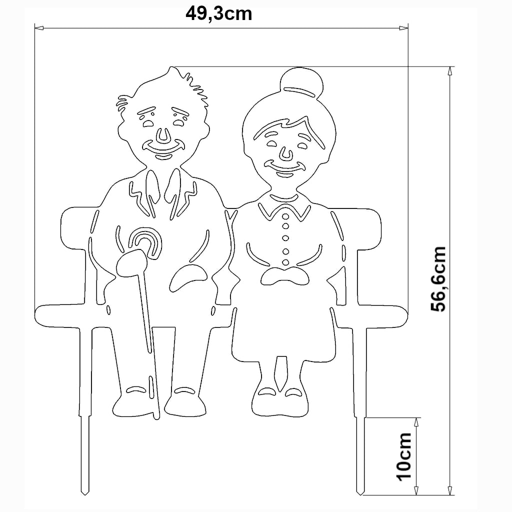 Gartenstecker Oma und Opa auf Bank sitzend, Umrisszeichnung mit Maßangaben, 49,3 cm breit und 56,6 cm hoch, liebevolle Gartendekoration für nostalgische Atmosphäre