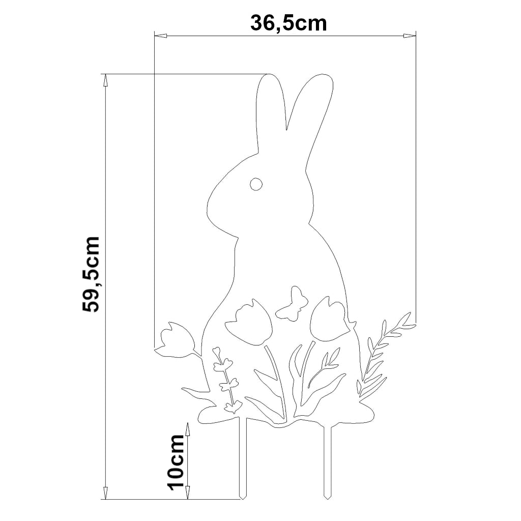 Gartenstecker Osterhase in Blumen mit den Maßen 59,5 x 36,5 cm, inklusive Erdspieße.