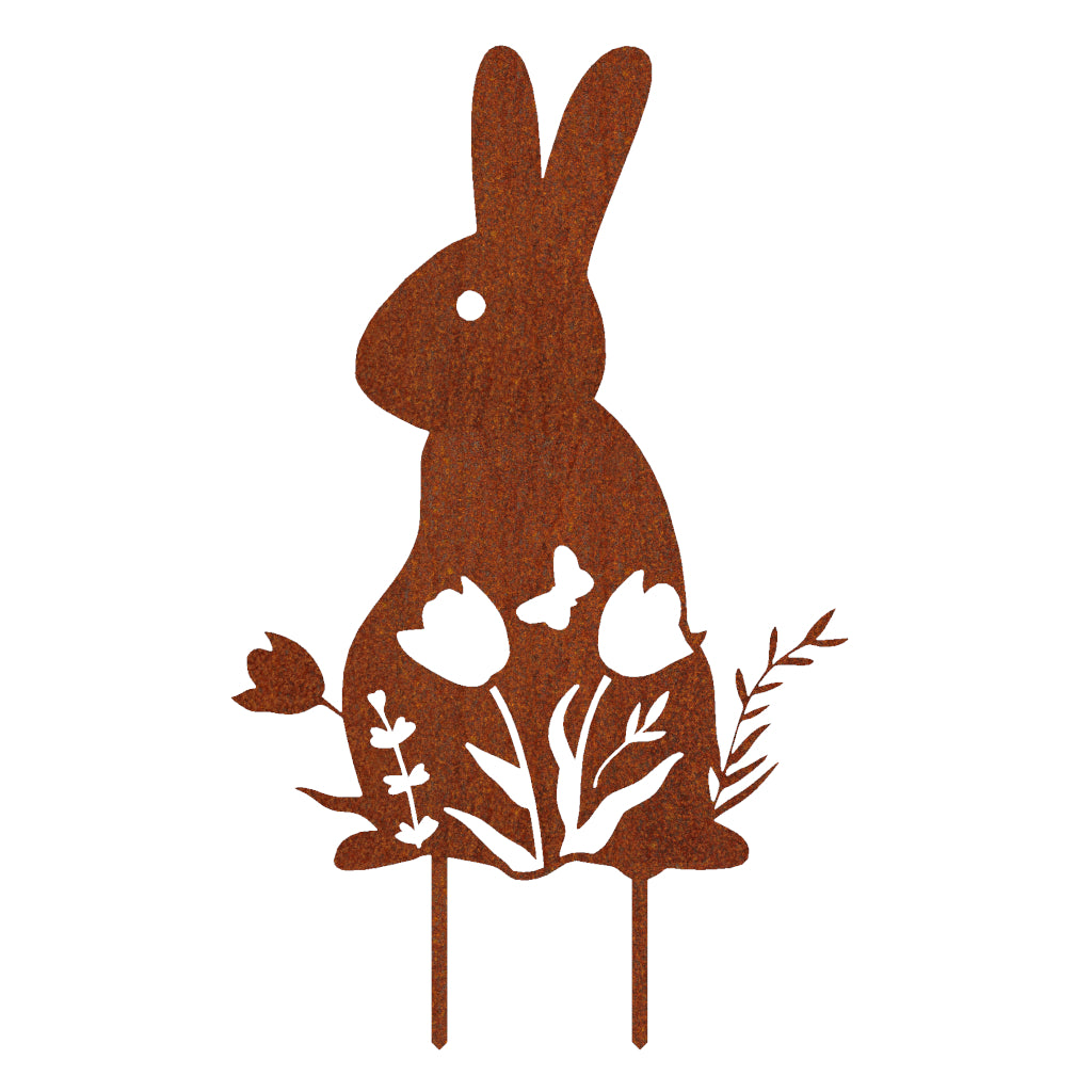Gartenstecker Osterhase in Blumen aus Cortenstahl mit frühlingshaften Motiven für Osterdekoration im Garten