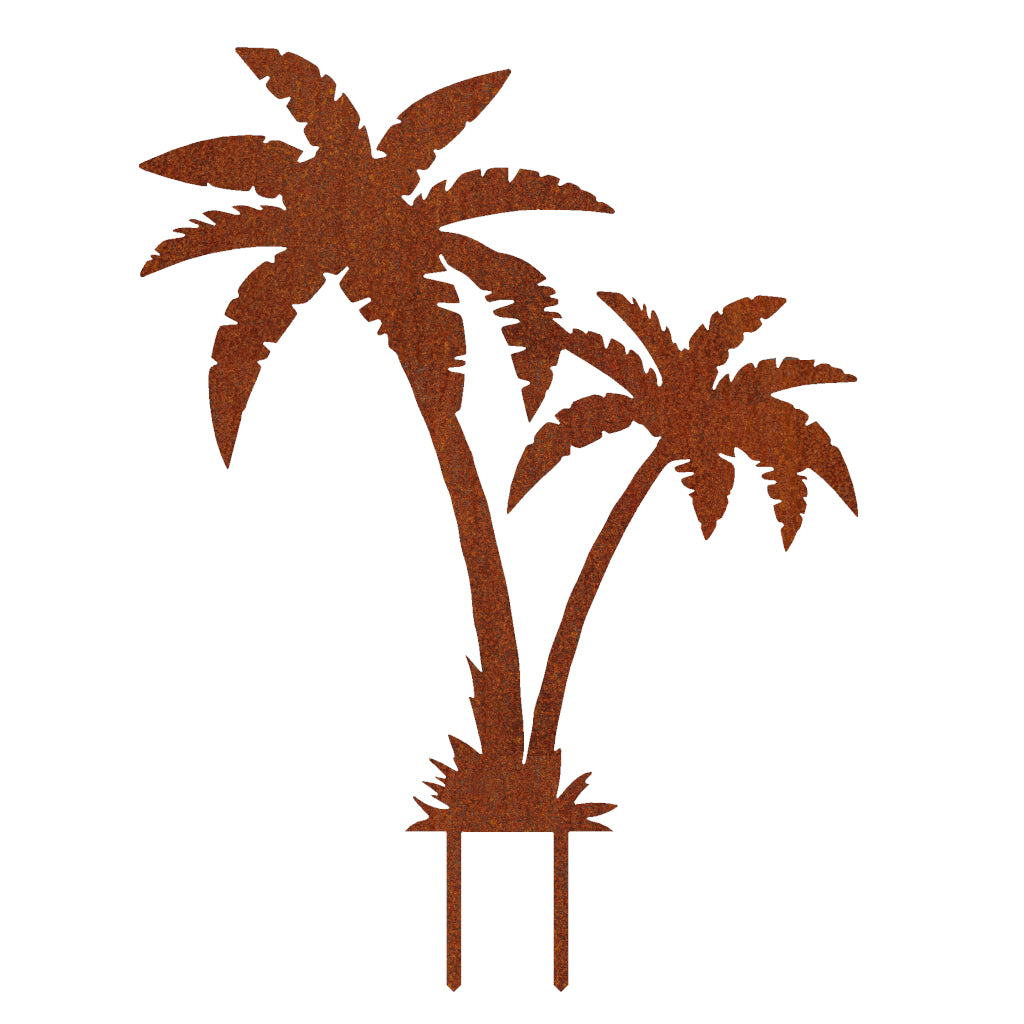 Gartenstecker Palme aus Cortenstahl, tropische Silhouette mit zwei Palmen, rostbraune Farbe, dekorativer Gartenschmuck für exotisches Flair, 59x45 cm groß, ideal für Outdoor-Dekoration und Urlaubsambiente im eigenen Garten