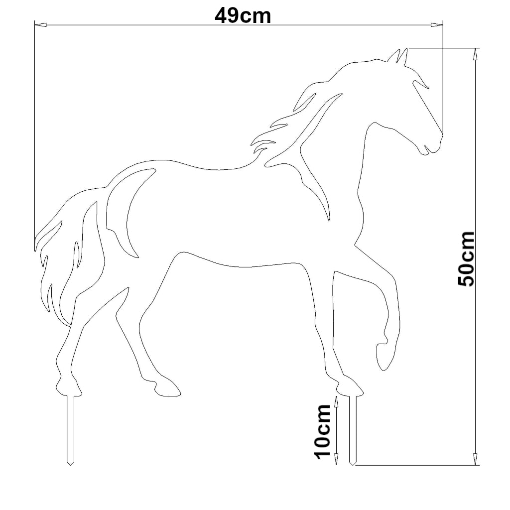 Bild eines "Gartenstecker Pferd" von , das die Maße 50x49 cm zeigt, aus Cortenstahl oder Edelstahl, mit eleganter und dynamischer Pferde-Silhouette, perfekt für die Gartenlandschaft zur Herstellung einer harmonischen Atmosphäre.