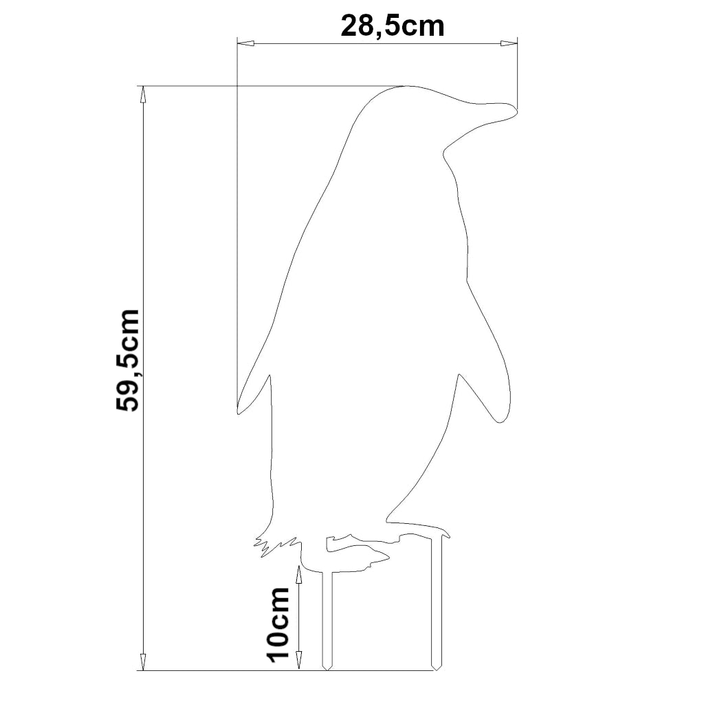 Maßzeichnung des Gartensteckers Pinguin aus Cortenstahl oder Edelstahl, 59,5 cm hoch und 28,5 cm breit, mit Erdspießen.