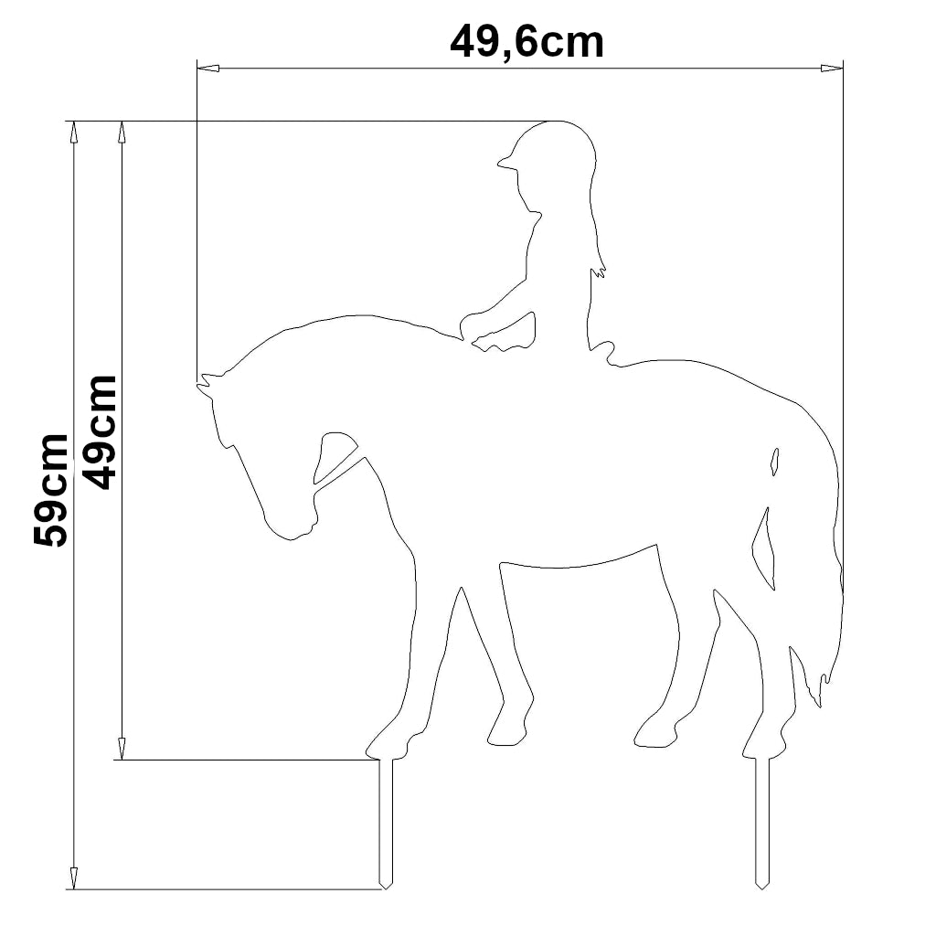 Gartenstecker Ponyreiten: Silhouette eines Kindes auf einem Pony, 59 cm hoch und 49,6 cm breit. Dekorative Gartengestaltung für Pferdeliebhaber, erhältlich in Cortenstahl oder Edelstahl. Harmonisches Motiv zur Betonung der Verbindung zwischen Mensch und Natur im Außenbereich.
