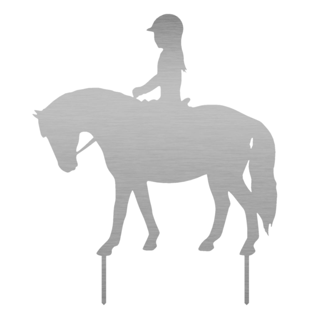 Gartenstecker mit Silhouette eines Ponys und Reiters, elegant gestaltet aus Metall für rustikale oder moderne Gartendekoration, symbolisiert die Freude am Reiten und die Verbindung zwischen Mensch und Tier
