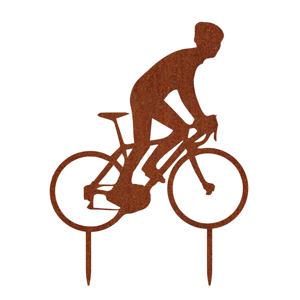 Gartenstecker aus Cortenstahl in Form eines Radfahrers, 55 x 42 cm groß, für eine stilvolle Gartendekoration.