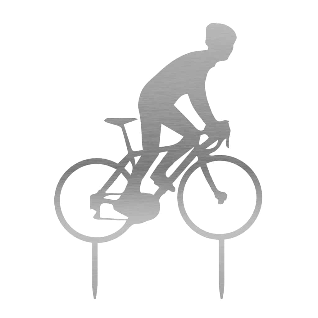 Gartenstecker in Form eines Radfahrers aus Edelstahl, 55 x 42 cm. Sportlich-dynamische Gartenfigur, die Bewegung und Freiheit symbolisiert. Verfügbar bei MeinShopify und GartenDekor in Cortenstahl und Edelstahl.