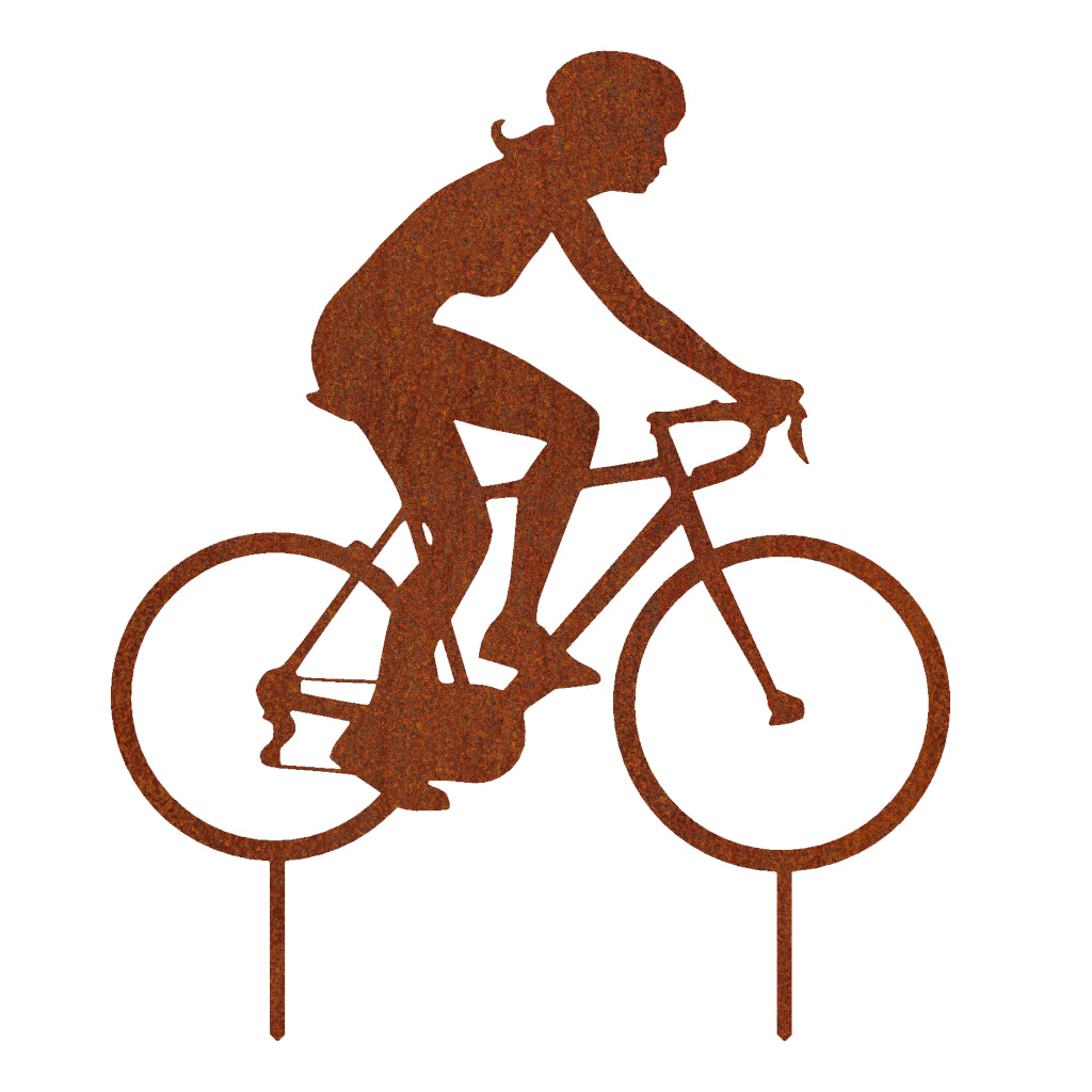 Gartenstecker Radfahrerin aus Cortenstahl in rostiger Patinaoptik, Darstellung einer Radfahrerin in eleganter und dynamischer Haltung, Maße: 58,4 x 49,6 cm, Materialstärke: 2 mm