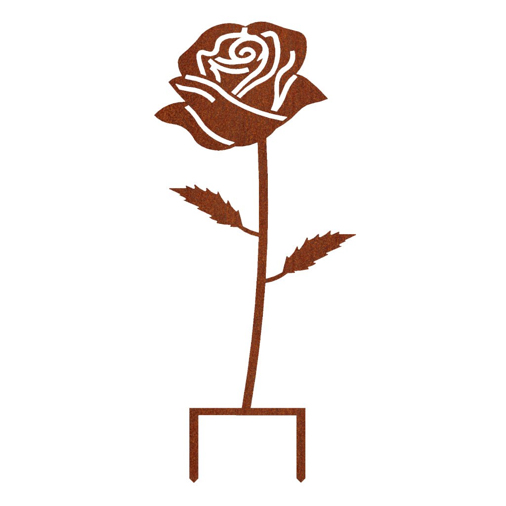 Gartenstecker Rose aus Cortenstahl mit Edelrost-Patina, Produkt von , Abmessungen 59,5 x 26 cm, wetterfest und langlebig, verleiht dem Garten eine zauberhafte Atmosphäre.
