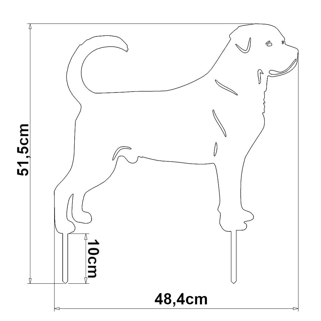 Abbildung der Abmessungen des "Gartenstecker Rottweiler" mit einer Gesamthöhe von 51,5 cm und einer Breite von 48,4 cm, einschließlich der Erdspieße von 10 cm Länge. Das Design präsentiert die kräftige Silhouette eines Rottweilers in einer minimalistischen Konturendarstellung.