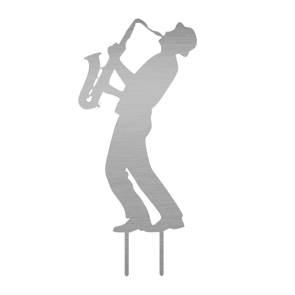 Edelstahl Gartenstecker in Form eines Saxophonisten in dynamischer Pose, angeboten von .