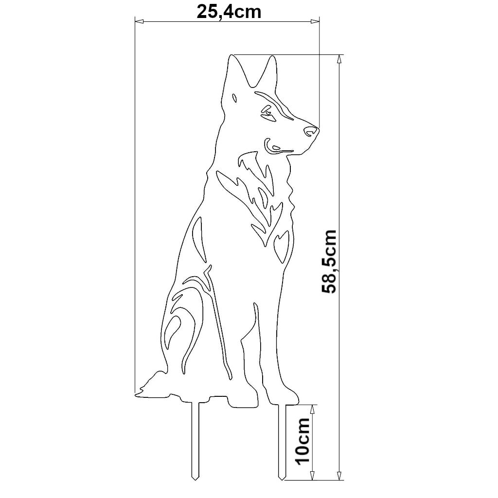Gartenstecker Schäferhund sitzend, Outline-Zeichnung mit Maßangaben, 58,5 cm hoch und 25,4 cm breit, stilisierte Form eines sitzenden Schäferhundes aus Metall für Gartendekoration