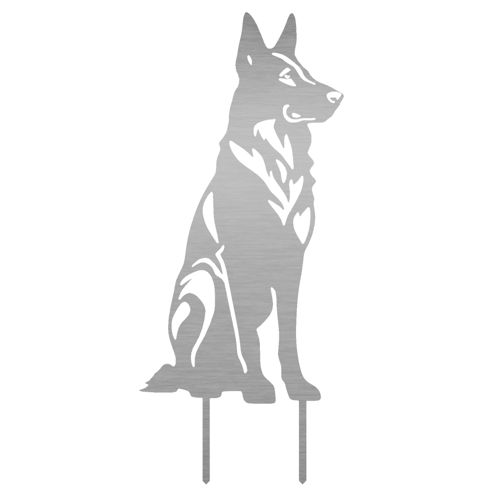 Gartenstecker Schäferhund sitzend aus Metall, stilisierte Silhouette eines aufmerksamen Deutschen Schäferhundes für dekorative Gartengestaltung, in Edelstahl oder Cortenstahl erhältlich
