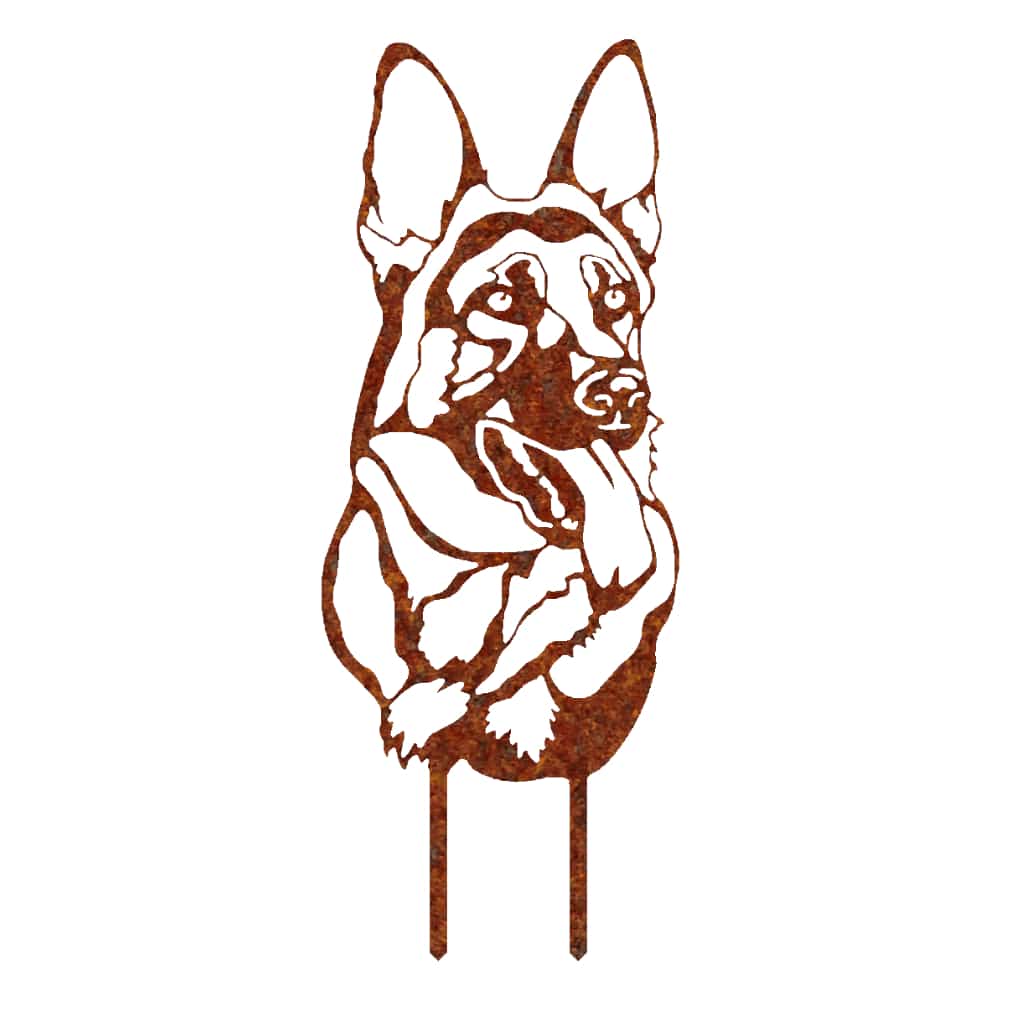 Gartenstecker Schäferhund Portrait aus Cortenstahl, wetterfeste Edelrost-Patina, 59,5 x 23,1 cm, für stilvolle Gartendekoration.