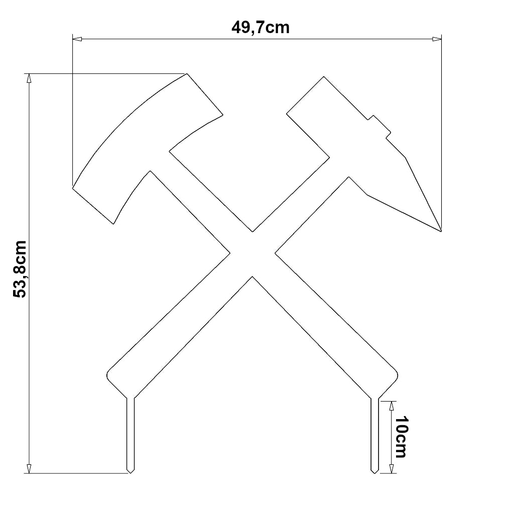Gartenstecker Schlägel und Eisen Produktabmessungen: Höhe 53,8 cm, Breite 49,7 cm, Erdspieße 10 cm. Gartenkunst aus Cortenstahl oder Edelstahl.