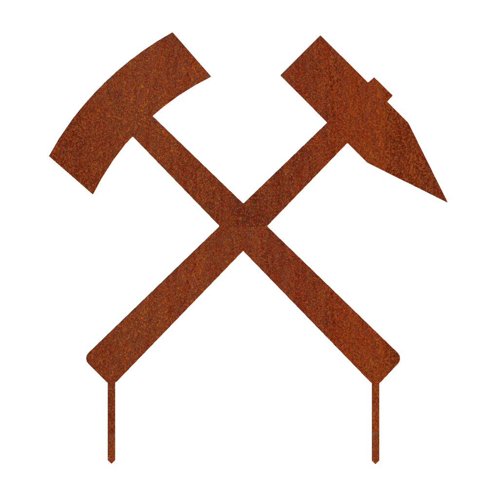 Gartenstecker Schlägel und Eisen aus rostigem Cortenstahl, filigran gestaltet, symbolisiert Bergbautradition und handwerkliche Eleganz, Maße 53,8 x 49,7 cm, Materialstärke 2 mm, dekorativer Akzent für den Garten