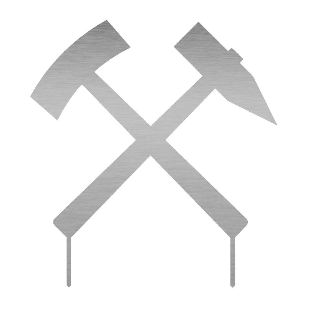 Gartenstecker Schlägel und Eisen aus Edelstahl, traditionelles Bergbau-Symbol, filigranes Design, Maße: 53,8 x 49,7 cm, Materialstärke: 2 mm, verfügbar bei Shopify.