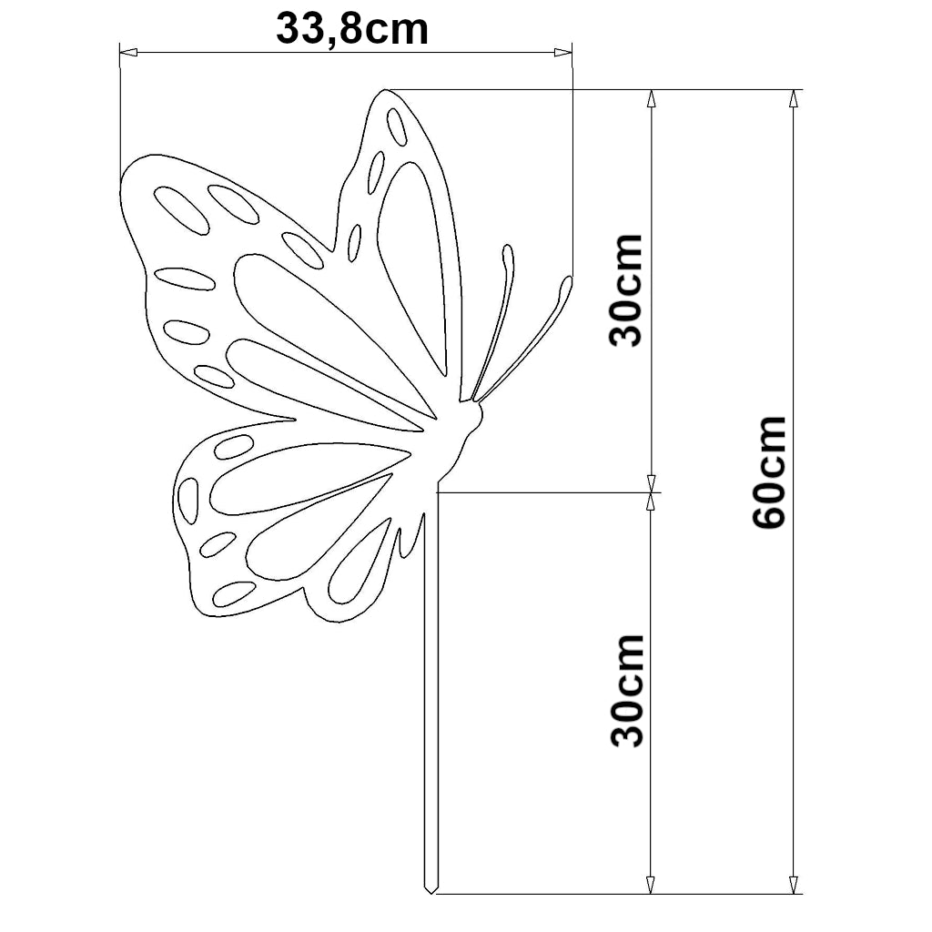 Gartenstecker Schmetterling V1 von DeeLiving aus Cortenstahl oder Edelstahl, Maße 60 x 33,8 cm, filigrane Silhouette eines Schmetterlings mit Erdspieß.