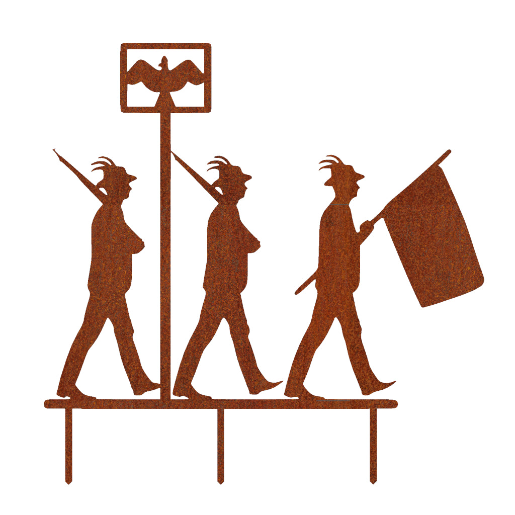 Gartenstecker Schützenfest in Cortenstahl mit zwei Schützen, einem Fahnenträger und einer Vogelstange.