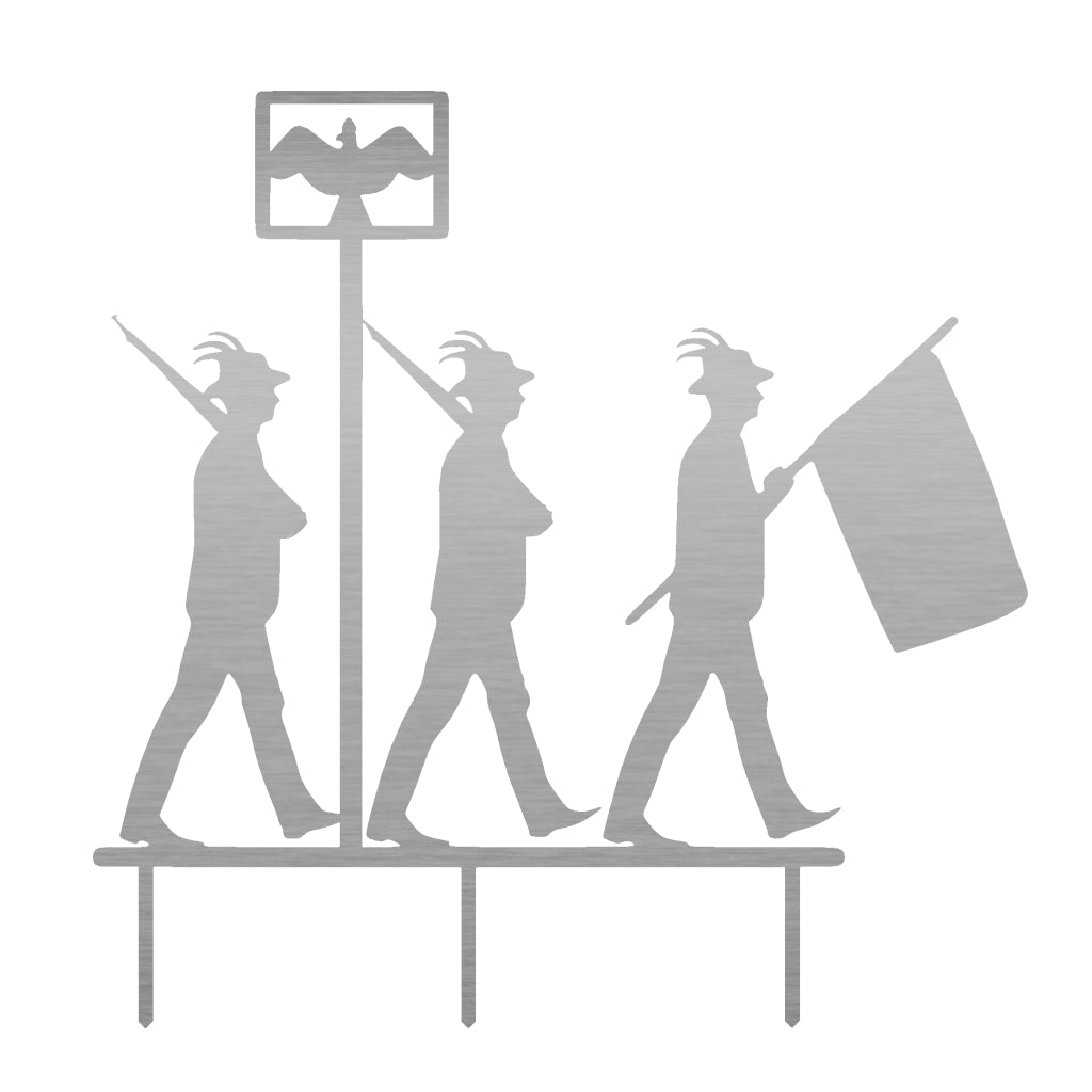 Gartenstecker Schützenfest aus Edelstahl zeigt zwei Schützen und einen Fahnenträger mit einer Vogelstange, festliche Gartendekoration, traditionell und elegant, erhältlich bei Shopify.