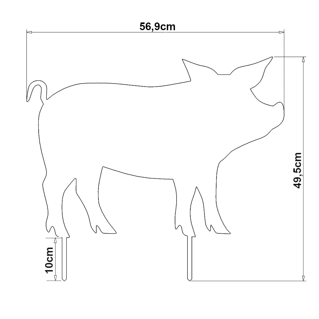 Maße des Gartenstecker Schwein von GARTENSTECKER24 in den Abmessungen 56,9 cm x 49,5 cm, inklusive 10 cm Erdspießen.