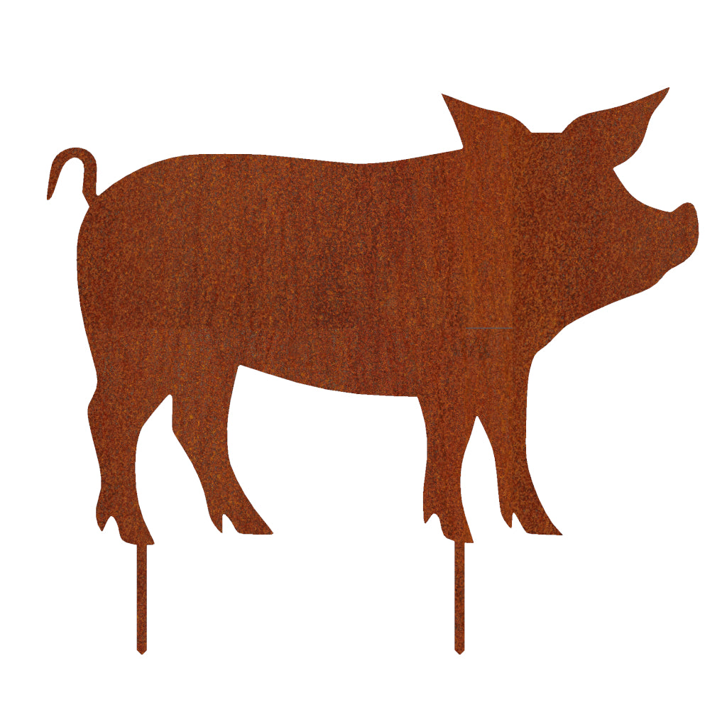 Gartenstecker Schwein aus rostigem Cortenstahl, rustikales Deko-Element im Schweinedesign für den Garten, ländlicher Charme und natürliche Patina.