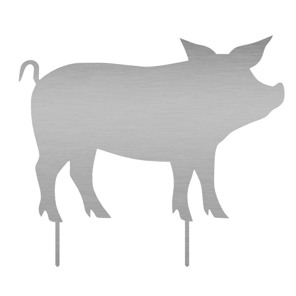 Gartenstecker in Schweineform aus Edelstahl, schlicht und elegant, geeignet zur Dekoration von Gärten mit rustikalem oder modernem Flair. Maße: 49,5 x 56,9 cm.